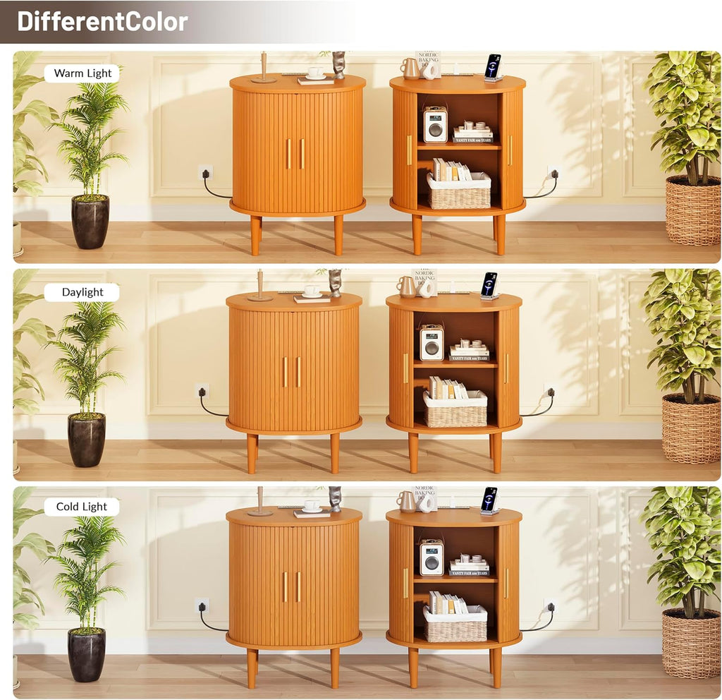 DHH Mid Century Modern Nightstand Set of 2 with Charging Station,Fluted Accent Side Table with Sliding Door & Adjustable Shelf,End Table for Small Space, Living Room, Bedroom,Sofa Couch,Yellow Walnut