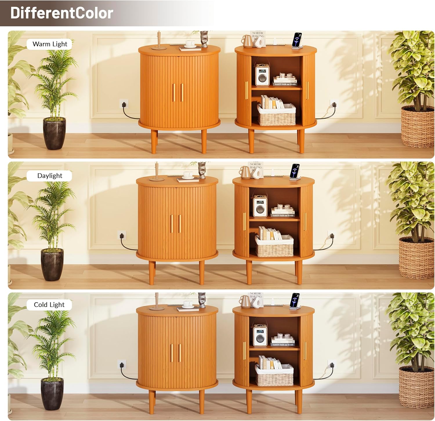 DHH Mid Century Modern Nightstand Set of 2 with Charging Station,Fluted Accent Side Table with Sliding Door & Adjustable Shelf,End Table for Small Space, Living Room, Bedroom,Sofa Couch,Yellow Walnut
