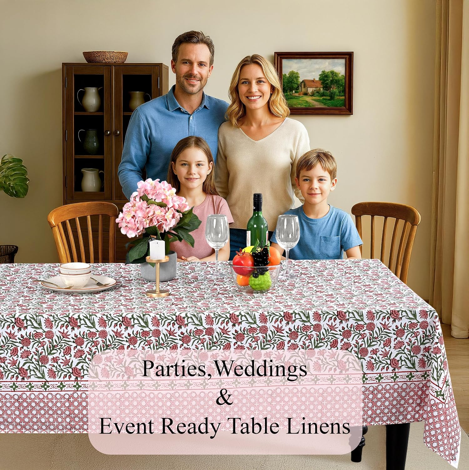 CPC Tablecloth 100% Cotton 72x140 Inch Indian Block Print Rectangle Table Cover, Red Table Cloth for Weddings, Spring/Summer, Barbeque - Red Garnet