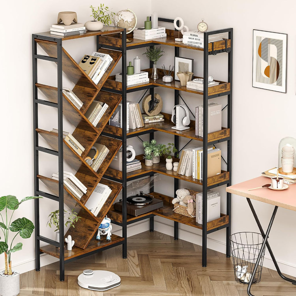 5 Tier Book Shelf, Reversible Corner Bookcase with Hooks, Large Bookshelf with Baffles & Open Display Shelves Storage, Wood L Shaped Book Case with Metal Frame for Living Room Home Office