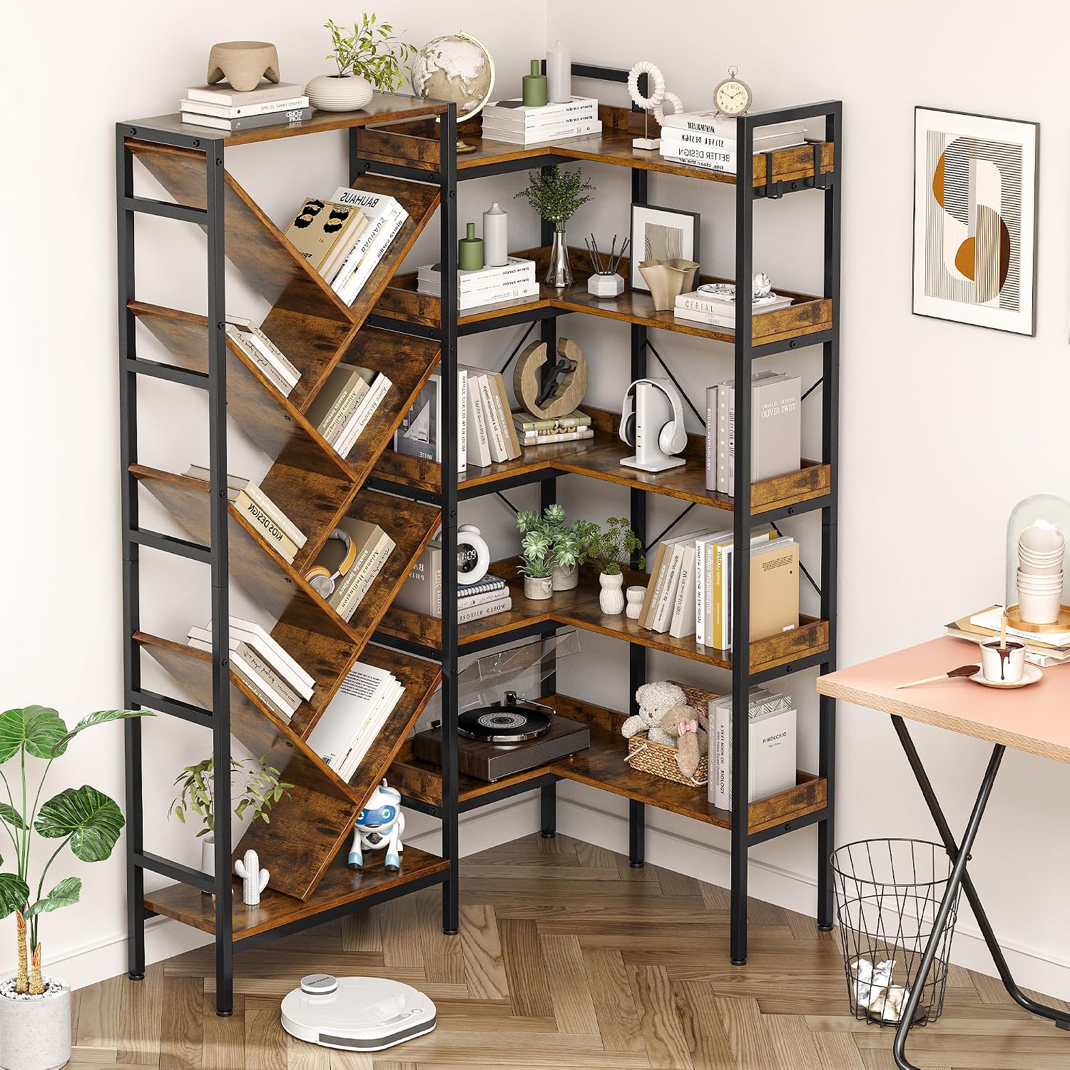5 Tier Book Shelf, Reversible Corner Bookcase with Hooks, Large Bookshelf with Baffles & Open Display Shelves Storage, Wood L Shaped Book Case with Metal Frame for Living Room Home Office