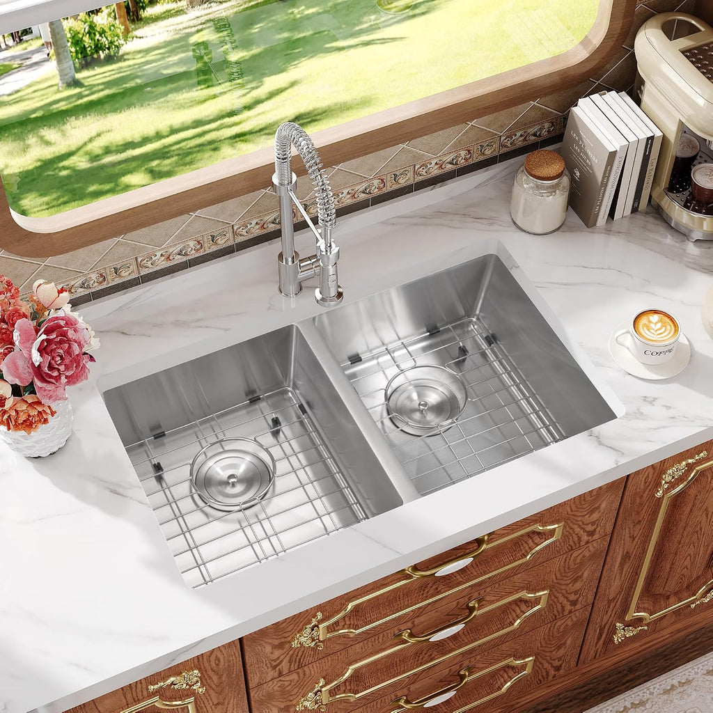 Rhbamoa 27 Inch RV Kitchen Sink,T304 Stainless Steel Kitchen Sinks for RV,50/50 Undermount Double Sink,Outdoor Sinks with Brushed Finish (27'' X 16'' X 7'')