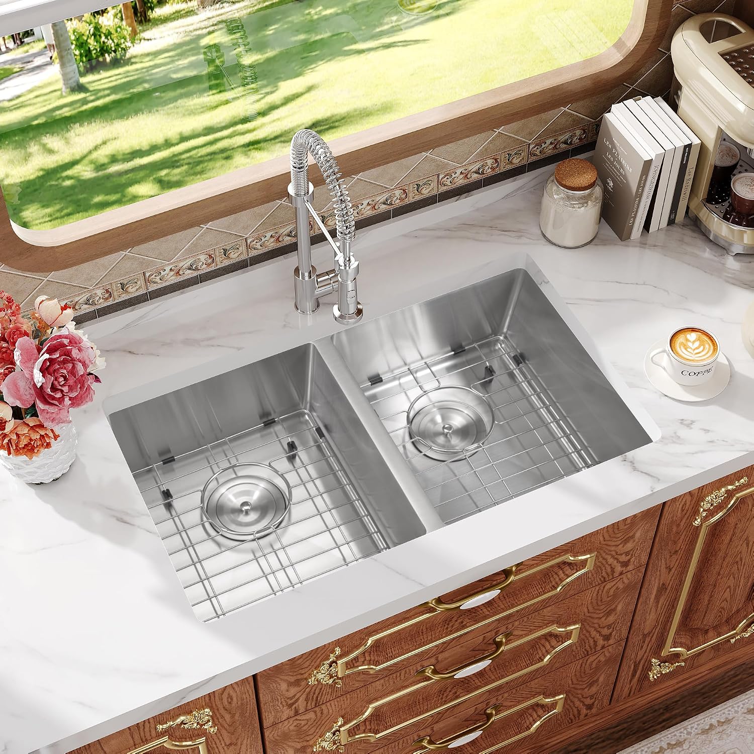 Rhbamoa 27 Inch RV Kitchen Sink,T304 Stainless Steel Kitchen Sinks for RV,50/50 Undermount Double Sink,Outdoor Sinks with Brushed Finish (27'' X 16'' X 7'')
