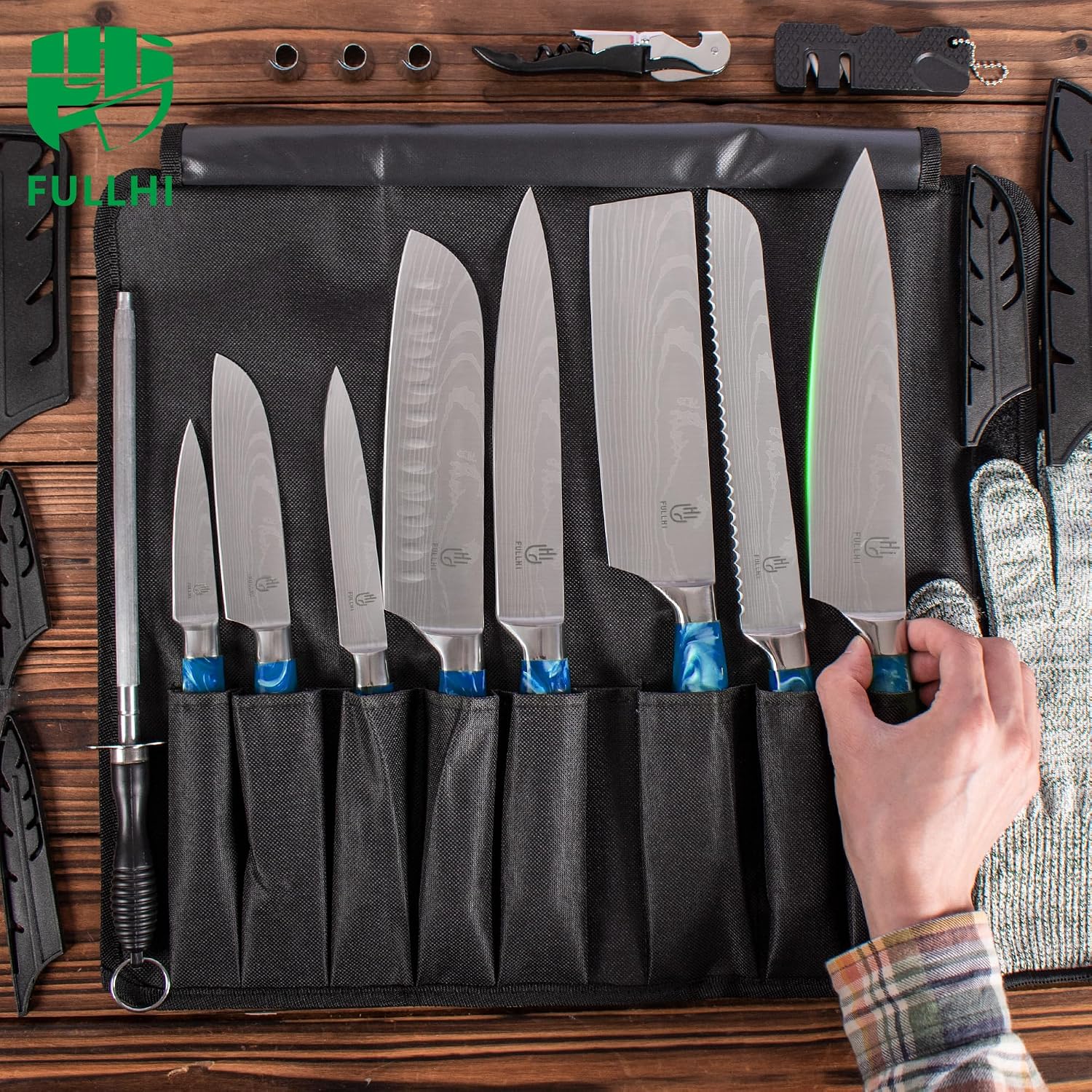 FULLHI 15pcs Japanese Knife Set with Magnetic Knife Block Holder, Japan Stainless Steel Blades, Blue Resin Ergonomic Handles for Professional and Home Cooking