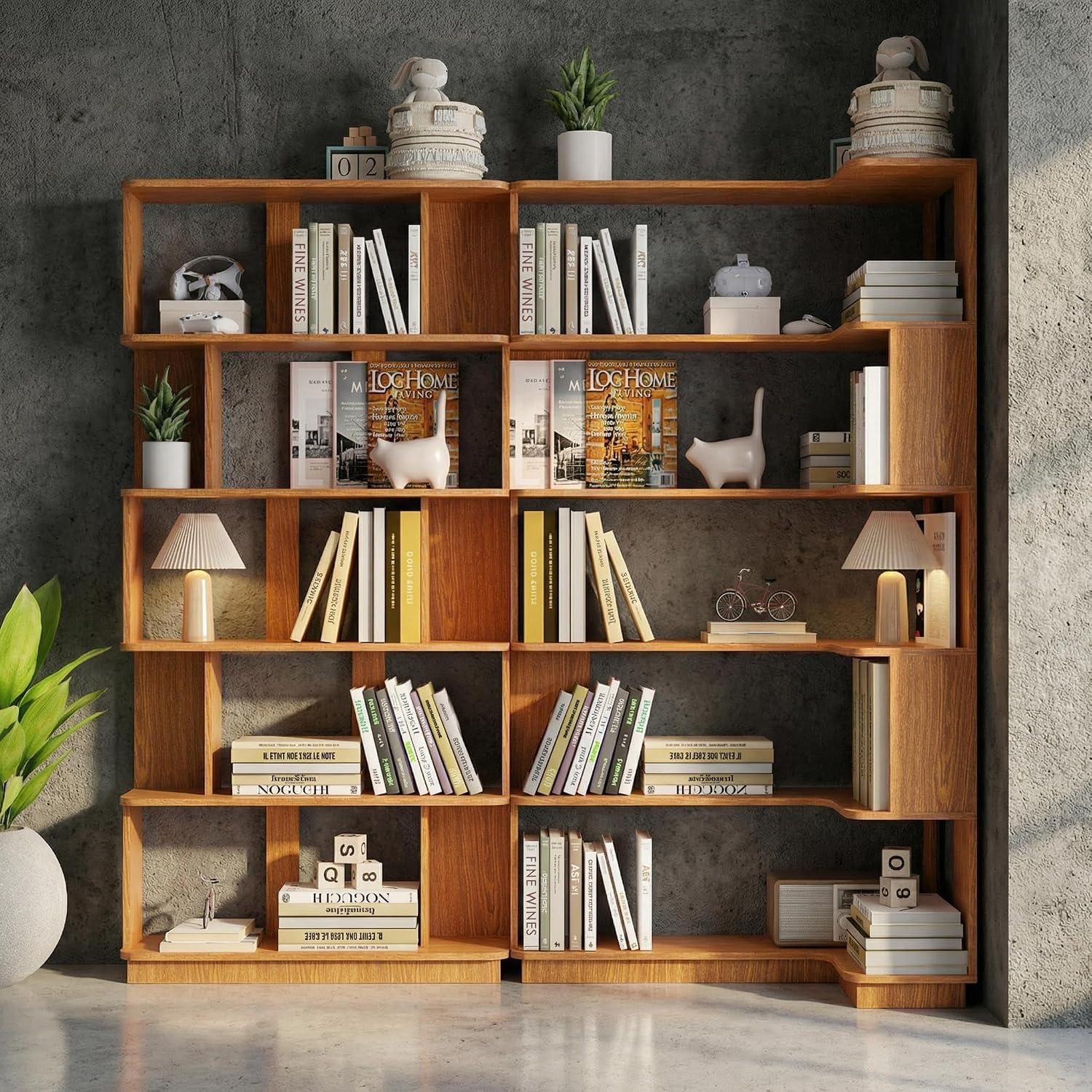 Corner Bookshelf, L Shaped, Set of 2, Dark Oak | Modular Geometric Design, Large Storage Display, Freestanding Wooden Unit, For Living Room Home Office