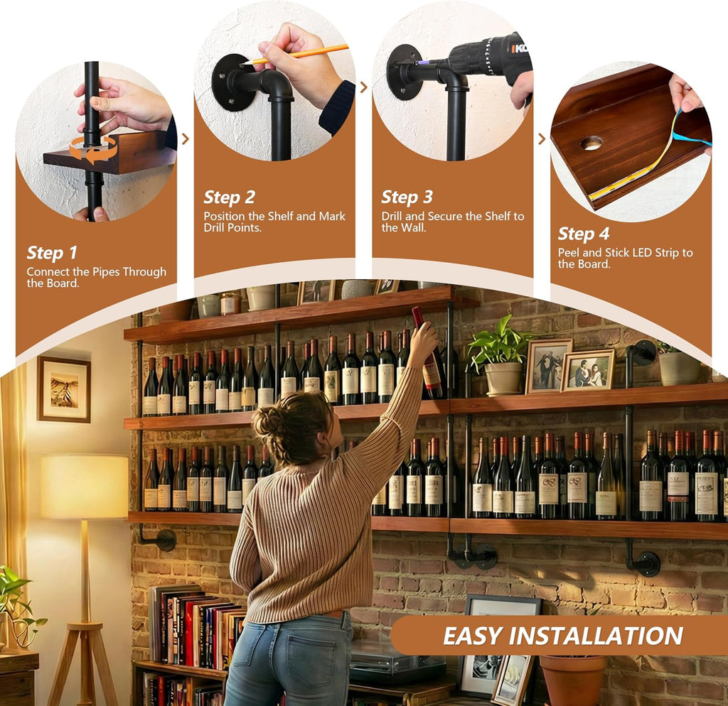 Wall Mounted Wine Rack with LED Light, LED Industrial Pipe Wine Shelf, 2-Tier Hanging Bottle Rack, Bar Storage Shelf for Bottles (Walnut Brown, 60')