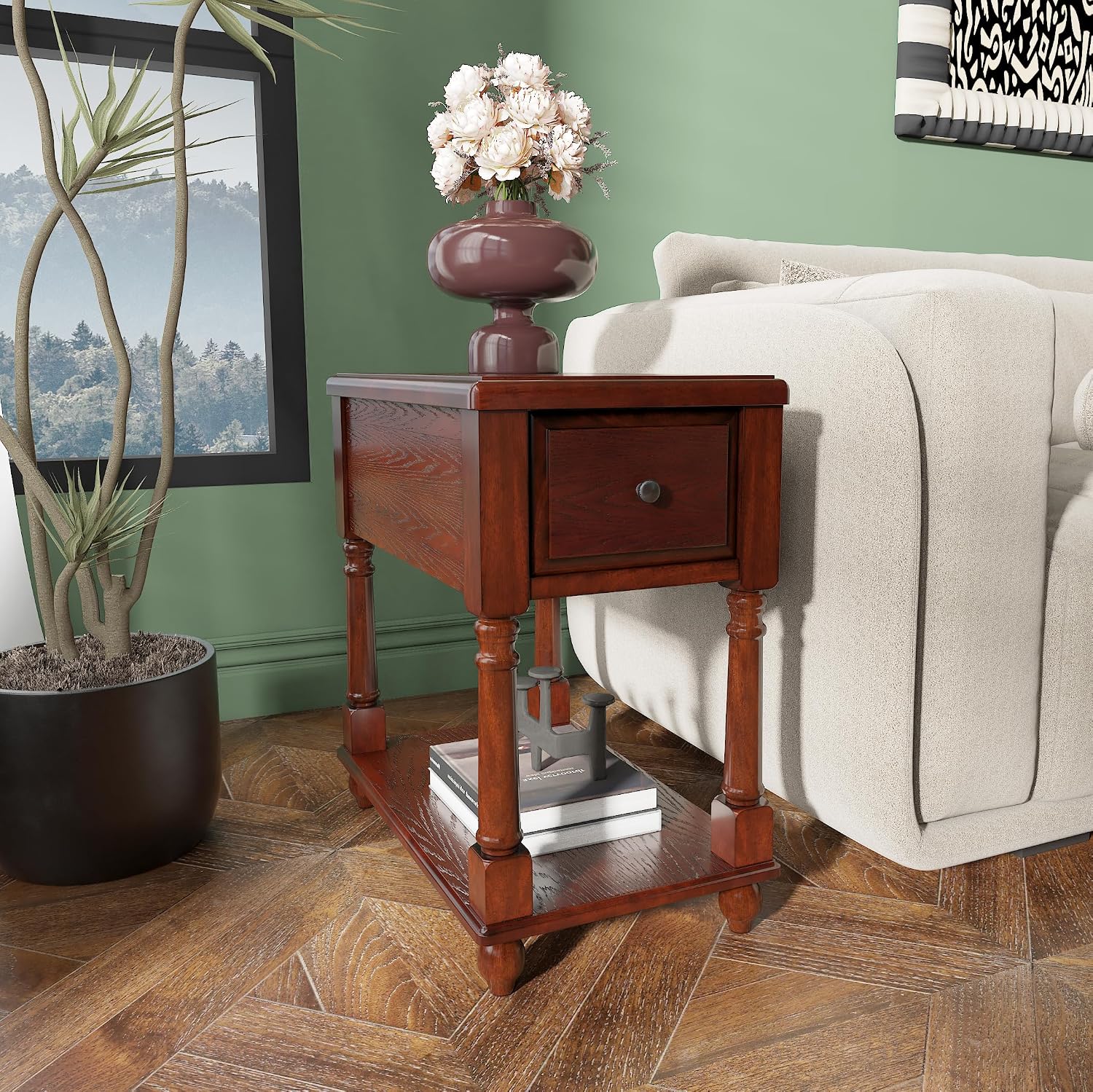 LEEMTORIG Set of 2 Solid Wood End Table Narrow Side Table with Drawer, Cherry Wood End Table Living Room, 13' W Slim Bedside Table, 22' D x 22.3' H, No-Tools Assembly, Cherry Brown BBJ-004-DWA