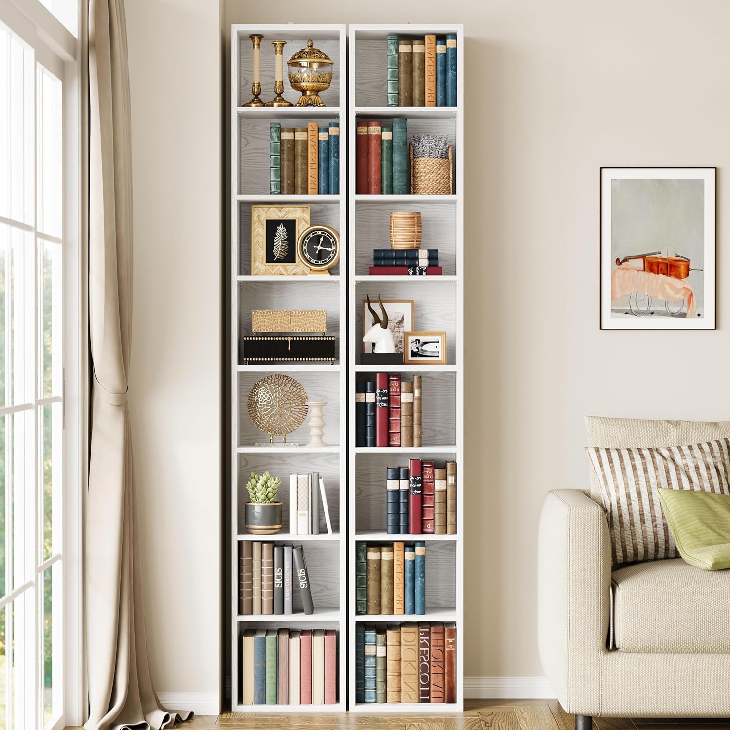IRONCK Tall Narrow Bookshelf 8 Tiers 71in Set of 2, Compact Corner Bookcase, Easy to Match for Living Room, Office, Study, Bedroom