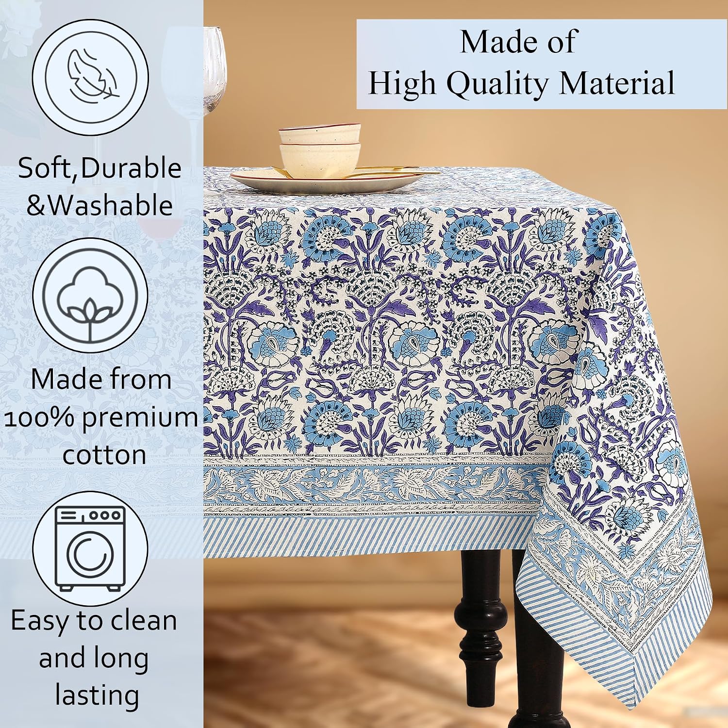 CPC Tablecloth 100% Cotton 72x190 Inch Indian Block Print Rectangle Table Cover, Blue Table Cloth for Weddings, Spring/Summer, Barbeque - Indigo Blue