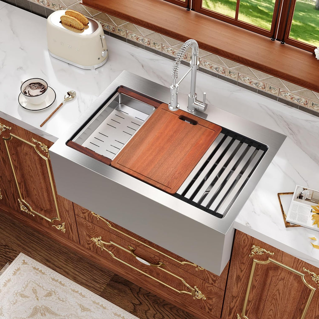 Rhbamoa 30 Inch Double Farmhouse Sink,16-Gauge T304 Stainless Steel Drop In Farm Sink,50/50 Topmount Double Bowl Apron Front Farm Sinks,10 Inch Deep Workstation Sinks with All Accessories