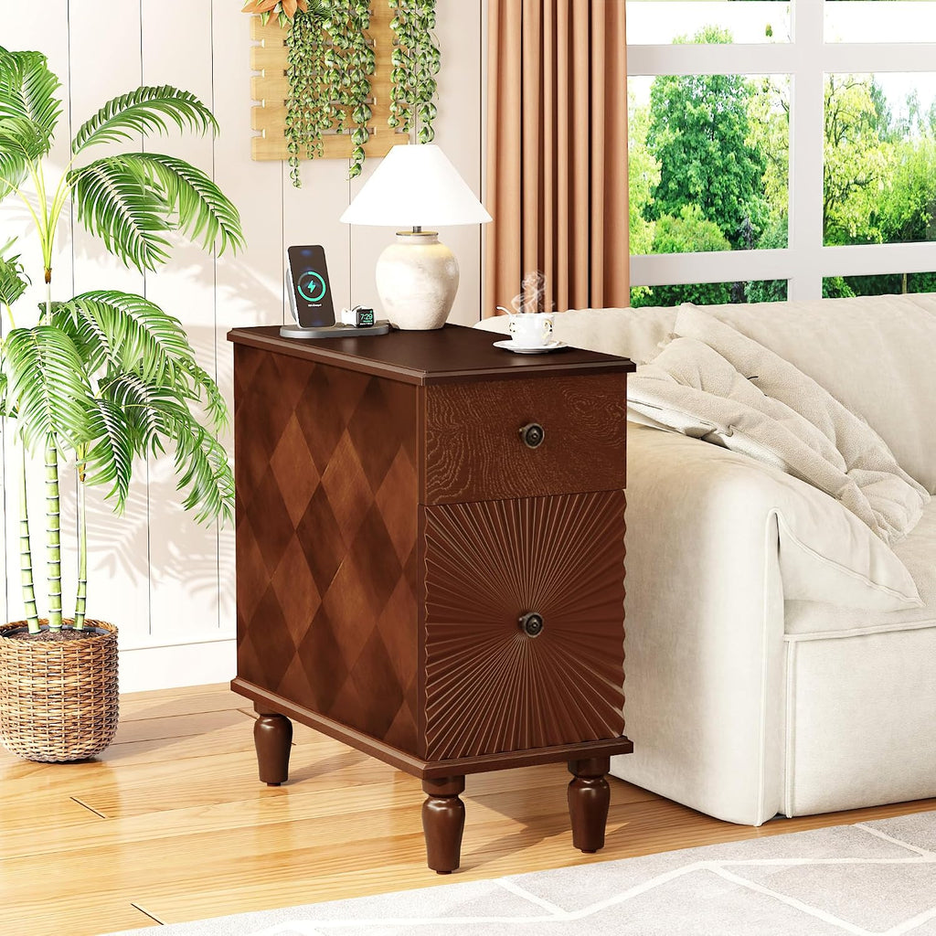 2-Drawer Modern Sofa Side Table with Charging Station, USB & AC Ports, Slim Nightstand for Living Room or Bedroom, Sturdy Rubber Wood Frame, Easy Assembly, Walnut Finish