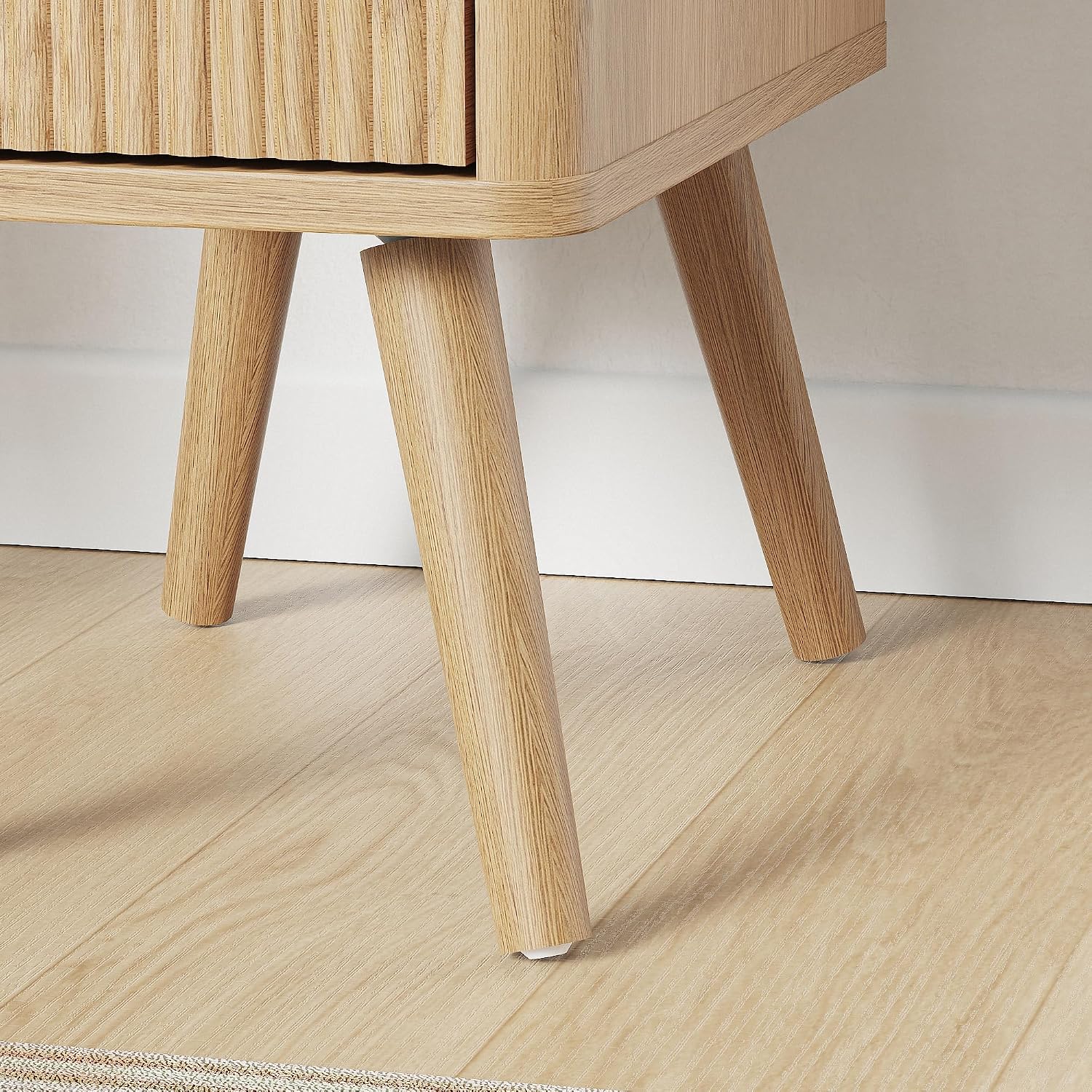 26.4' Tall Narrow Nightstand Set of 2, 9.8' Wide Fluted End Table with 2 Drawer & Open Shelf, Wood Night Stand w/Rounded Corner, Slim Side Table for Bedroom/Entryway/Living Room, Natural