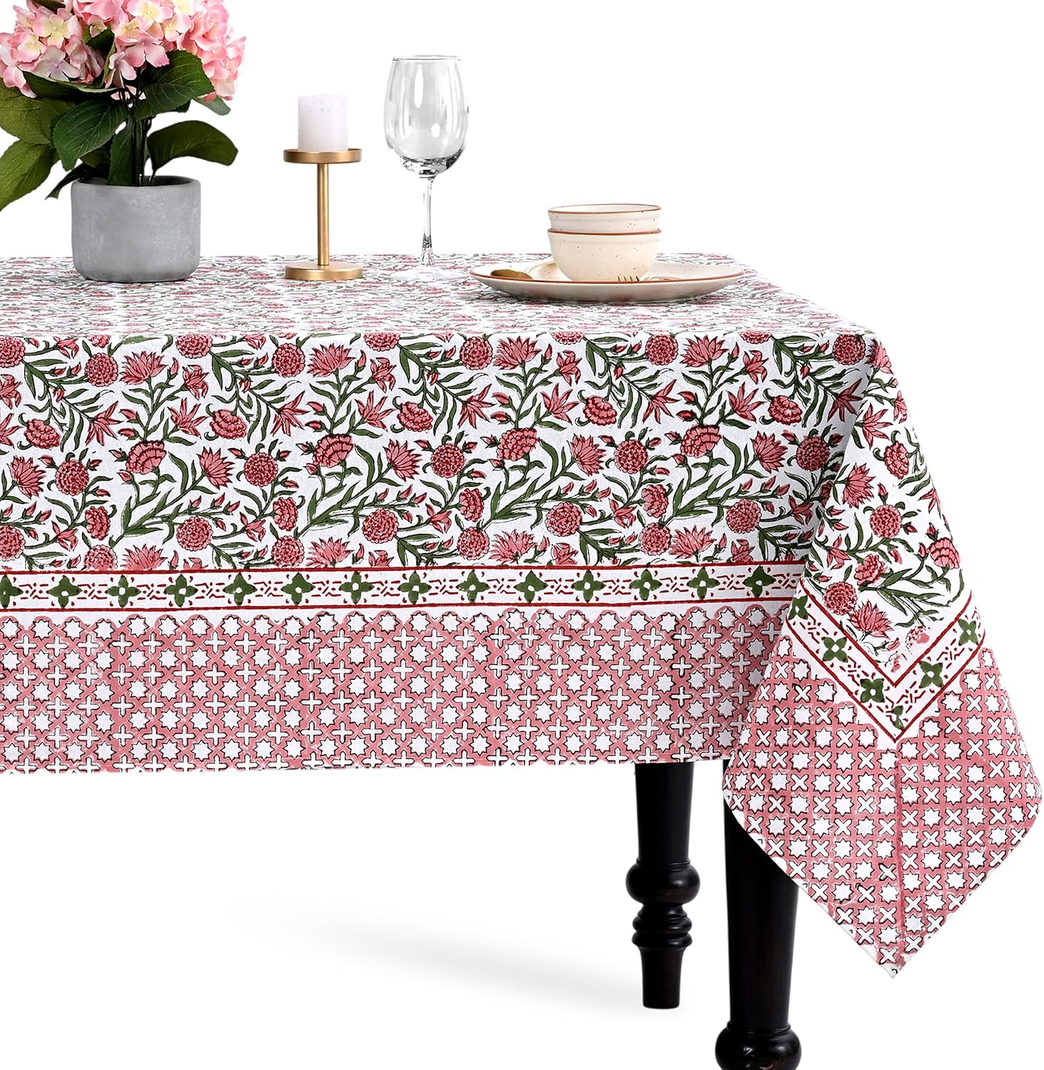 CPC Tablecloth 100% Cotton 72x140 Inch Indian Block Print Rectangle Table Cover, Red Table Cloth for Weddings, Spring/Summer, Barbeque - Red Garnet
