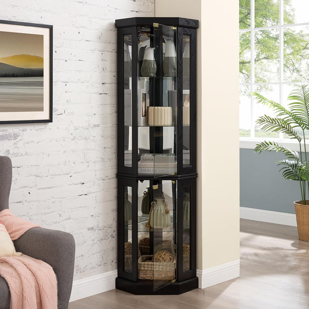 69' H Lighted Corner Curio Cabinet, 5-Tier Curio Glass Display Cabinet w/ 2 Door & Adjustable Glass Shelves, Wooden Display Showcase Corner Storage Cabinet for Living Room (Black)