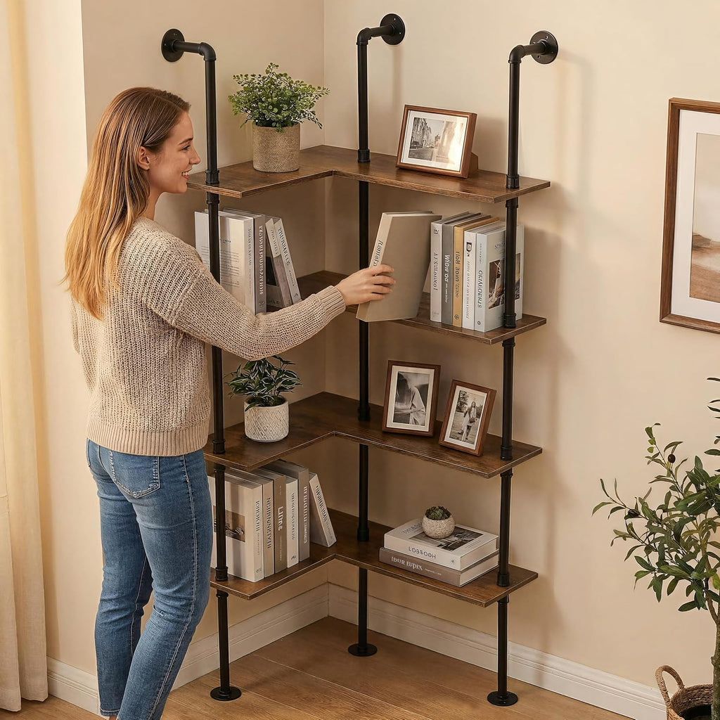 Industrial Pipe Corner Bookshelf, Wall Wooden Bookcase with Open Shelves, L Shaped Ladder Pipe Pantry Shelving for Living Room, Bedroom, Home, Office, 4 Tiers