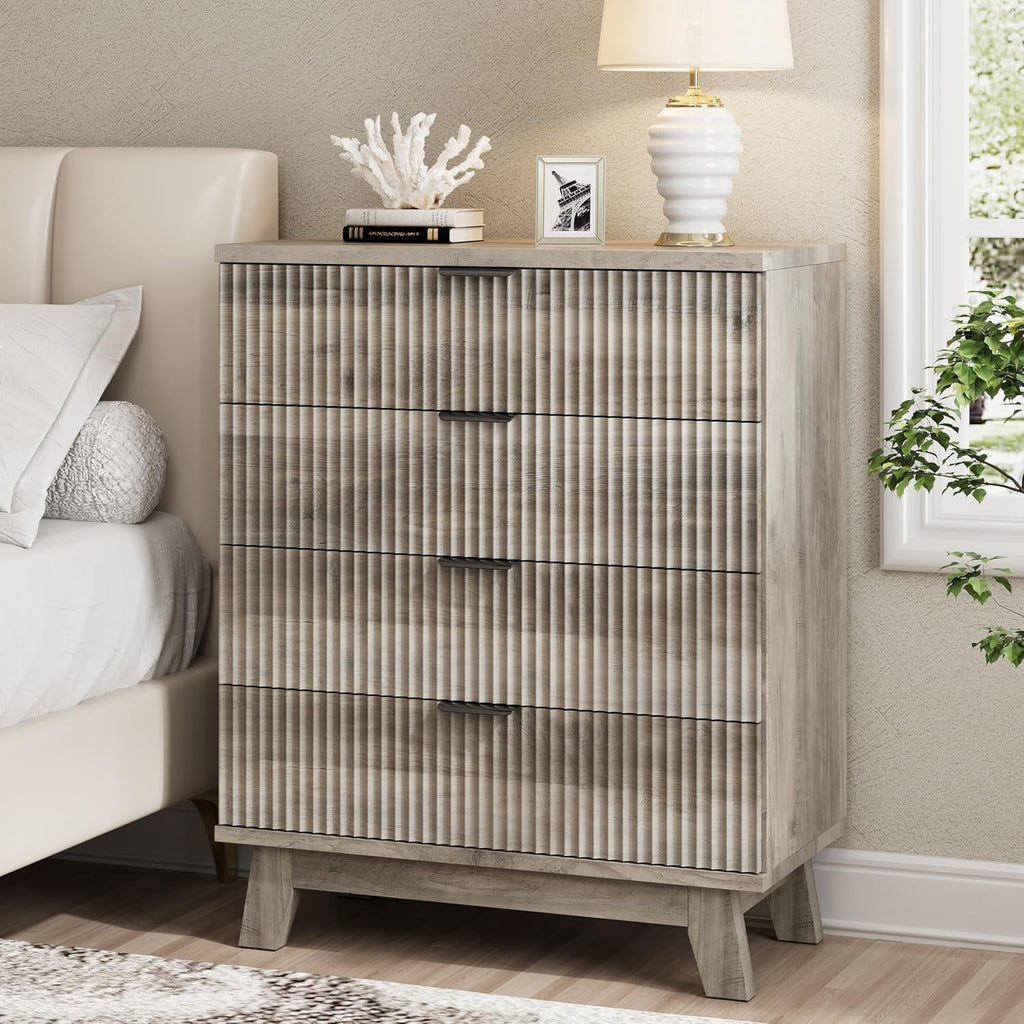 Fluted Nightstand, 31.5' Wide Side Table with 4 Large Storage Drawers, Mid Century Modern Wood Night Stand with Metal Handle, Wooden Bedside End Table for Bedroom, Living Room, Closet, Grey