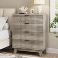 Fluted Nightstand, 31.5' Wide Side Table with 4 Large Storage Drawers, Mid Century Modern Wood Night Stand with Metal Handle, Wooden Bedside End Table for Bedroom, Living Room, Closet, Grey