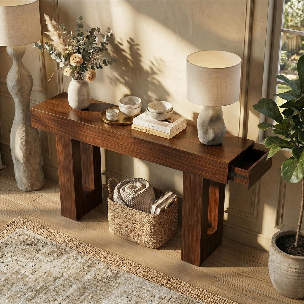 FURSUN 63' Console Table with 2 Drawers, Slim Entryway Table for Hallway, Narrow Sofa Table Behind Couch, Farmhouse Long Wood Accent Table for Foyer & Living Room, Dark Walnut