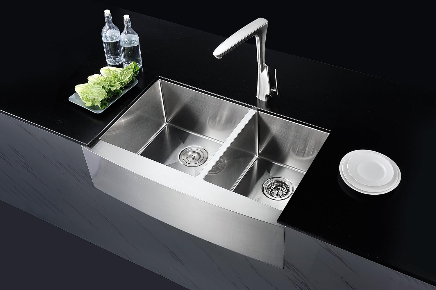 ANZZI Elysian 33' Farmhouse Stainless Steel 60/40 Double Bowl Kitchen Sink in Brushed Satin with Strainer, 18 Gauge Large Dual Deep Soak Basin Commercial Utility Prep Work Station, K-AZ3320-4A