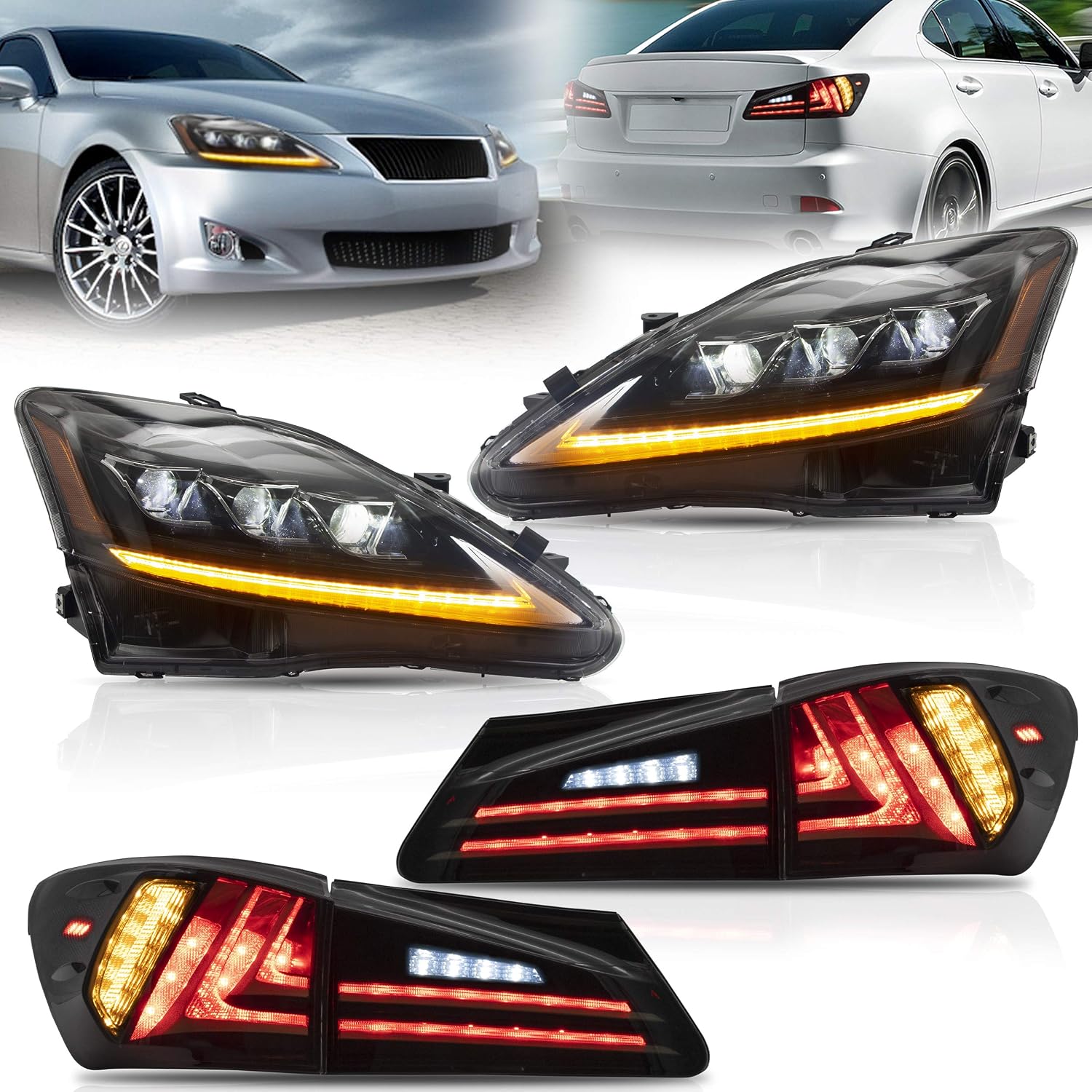 VLAND Headlights and Tail lights Fit for Lexus IS250 IS350 IS22d 2006-2012, ISF 2008-2014 4-Door Plug-and-play, (Amber+Smoked)