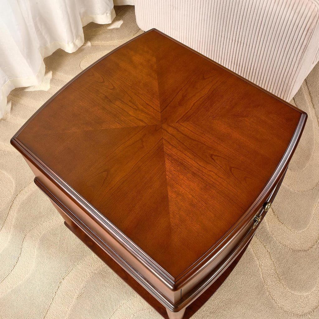 Farmhouse End Side Table Set of 2 with Pull-Out Tray And Storage Drawer, Sofa Beside Tables, Nightstand, No-Tools Assembly 17.7'L x 19.7'W x 22.8'H for Living Room, Caramel Brown CJZ-A1569-MG