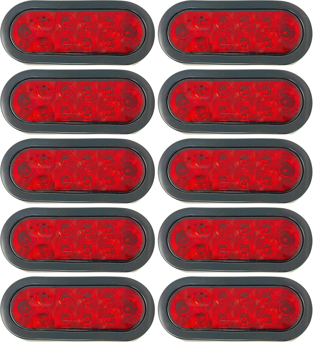 All Star Truck Parts 10X Red 6' Oval 10 LED Trailer Stop Turn Tail Light Kit DOT Certified + Grommets & Plugs IP67 Waterproof Parking Signal Headache Rack Backrack Truck Trailer 12V Reflective Lens