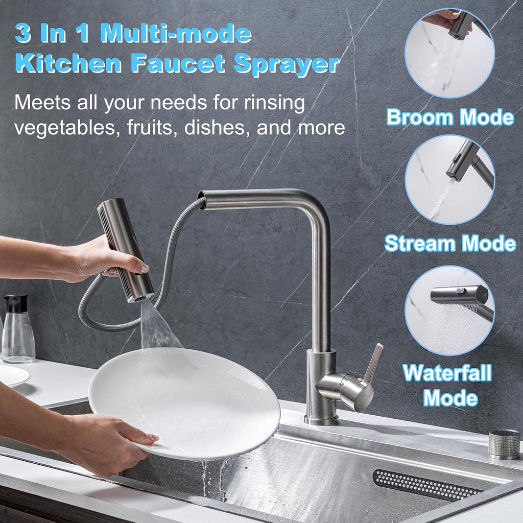 33 x 19 Waterfall Kitchen Sink with Faucet, Stainless Steel Undermount Single Bowl Kitchen Sinks, Large Farmhouse Workstation Sinks with Accessories, 8 Inch Deep Drop In Sink, Brushed Nickel