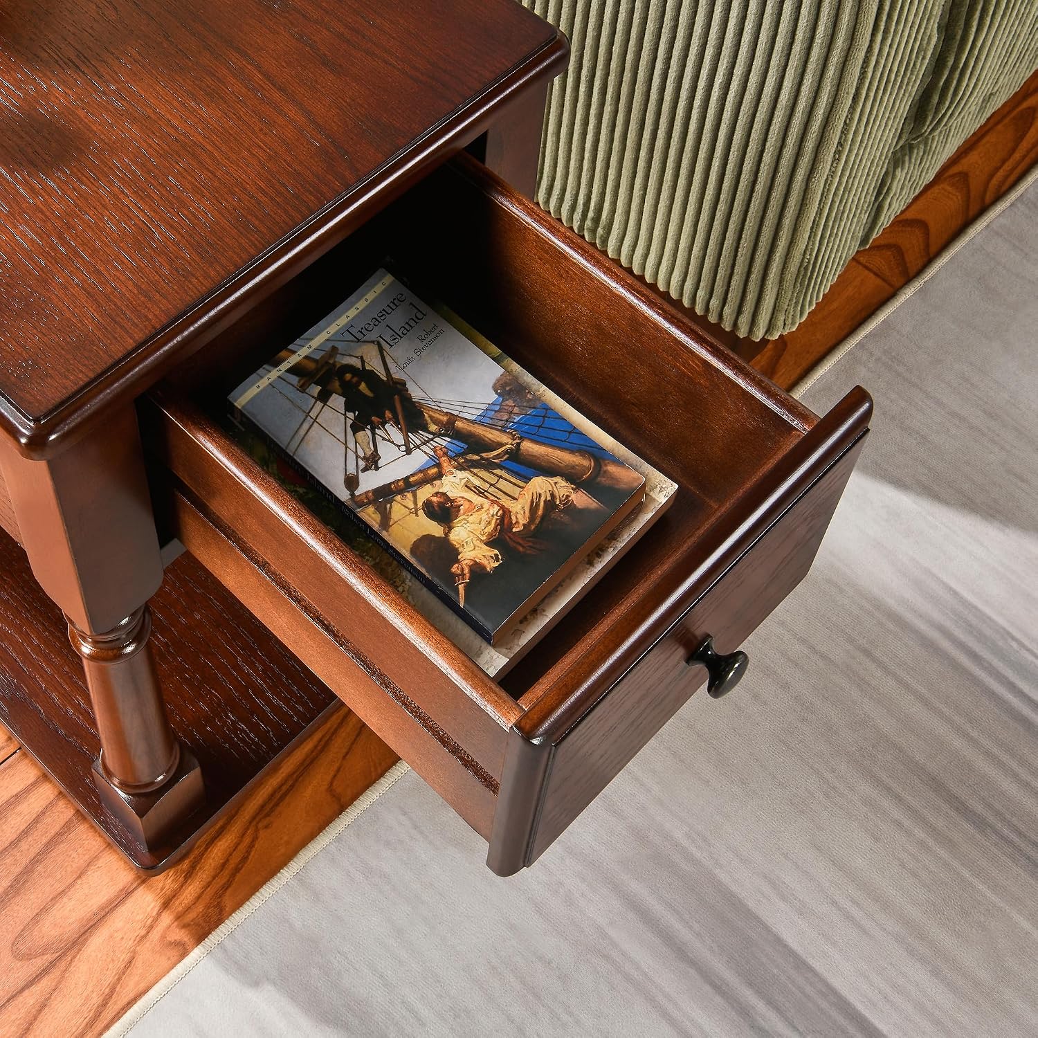 LEEMTORIG Set of 2 Solid Wood End Table Narrow Side Table with Drawer, Cherry Wood End Table Living Room, 13' W Slim Bedside Table, 22' D x 22.3' H, No-Tools Assembly, Cherry Brown BBJ-004-DWA