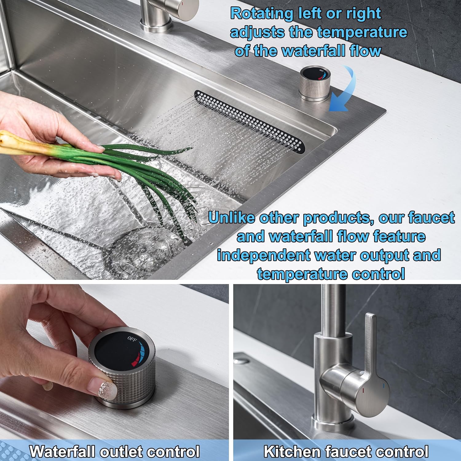 33 x 19 Waterfall Kitchen Sink with Faucet, Stainless Steel Undermount Single Bowl Kitchen Sinks, Large Farmhouse Workstation Sinks with Accessories, 8 Inch Deep Drop In Sink, Brushed Nickel