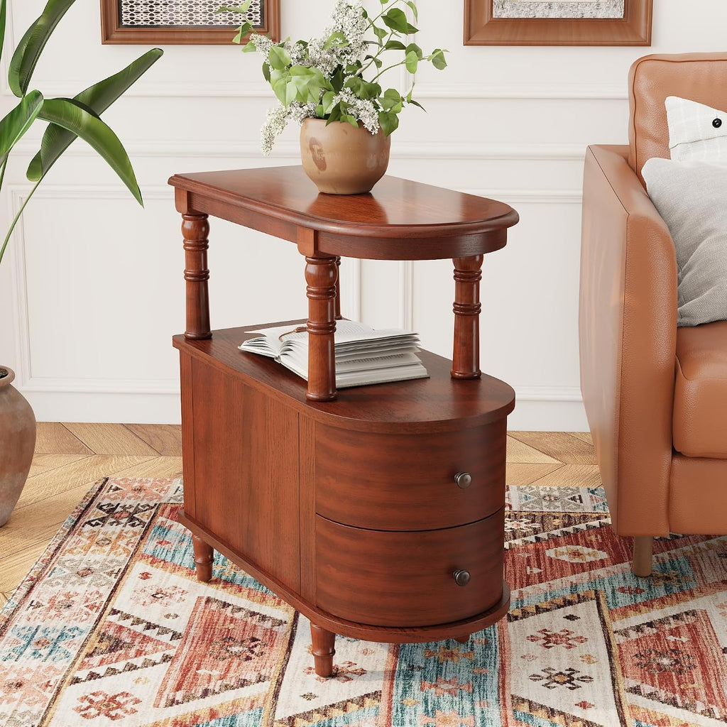 Narrow End Table With 2 Drawers and Storage Shelf Set of 2, Slim Side Tables, Farmhouse Sofa Beside Table- for Small Spaces, Living Room Telephone Tables, Tools-free Assembly, Caramel Brown BG-A508-MG