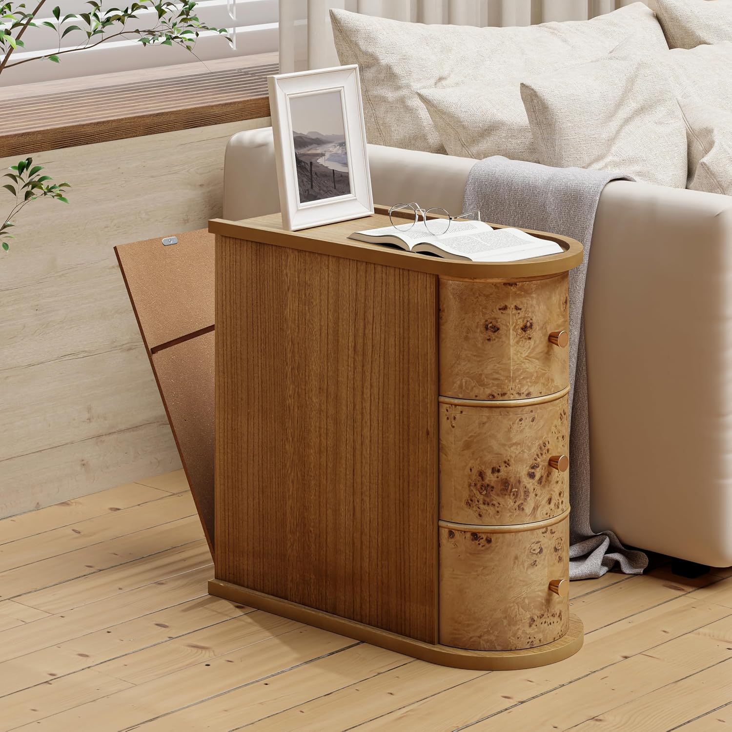 COZAYH 3-Drawer Wood Farmhouse End Table with Burl Finish, Narrow Rustic Sofa Side Tables with Metal Knobs, Slim Bedside Table with Back Storage Space for Living Room, Bedroom (Natural Burl)