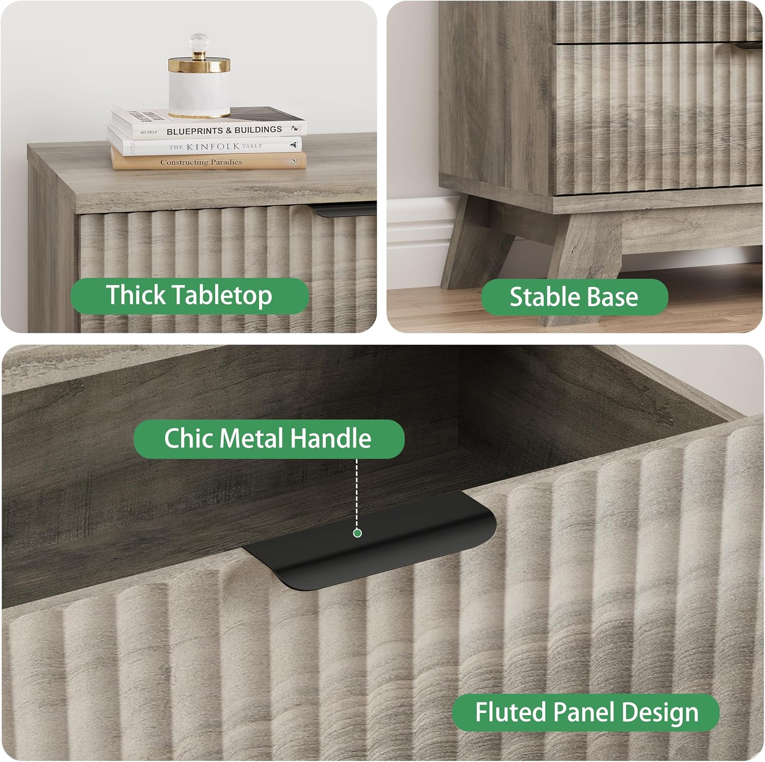 Fluted Nightstand, 31.5' Wide Side Table with 4 Large Storage Drawers, Mid Century Modern Wood Night Stand with Metal Handle, Wooden Bedside End Table for Bedroom, Living Room, Closet, Grey