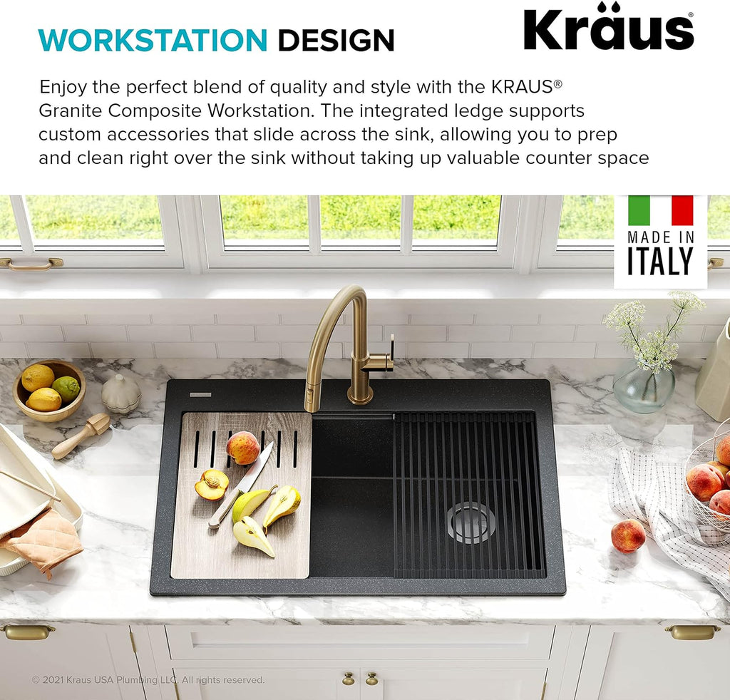 KRAUS Bellucci Workstation 33' Single Bowl Granite Kitchen Sink in Metallic Black w/Accessories, KGTW2-33MBL, Includes Dish Drainer/Dish Drying Rack