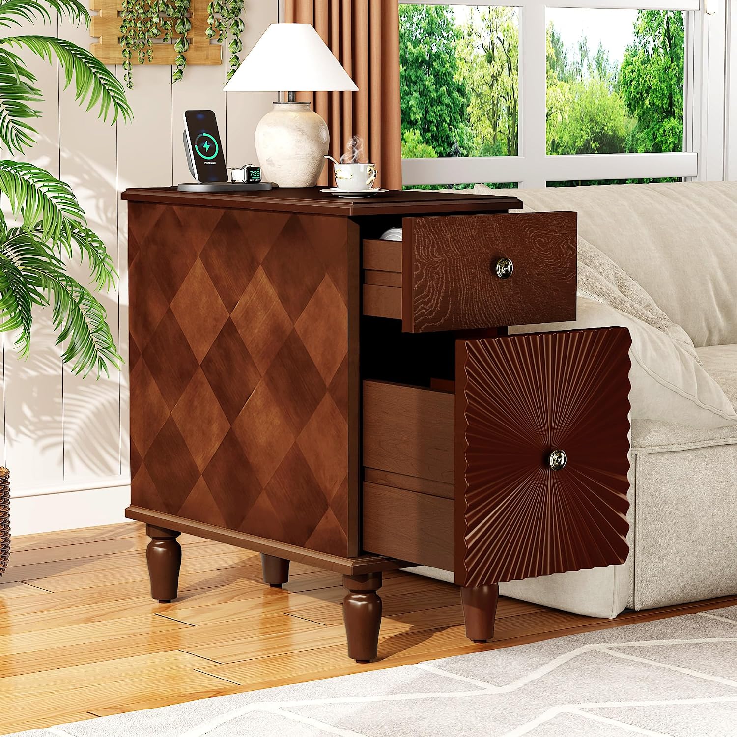 2-Drawer Modern Sofa Side Table with Charging Station, USB & AC Ports, Slim Nightstand for Living Room or Bedroom, Sturdy Rubber Wood Frame, Easy Assembly, Walnut Finish