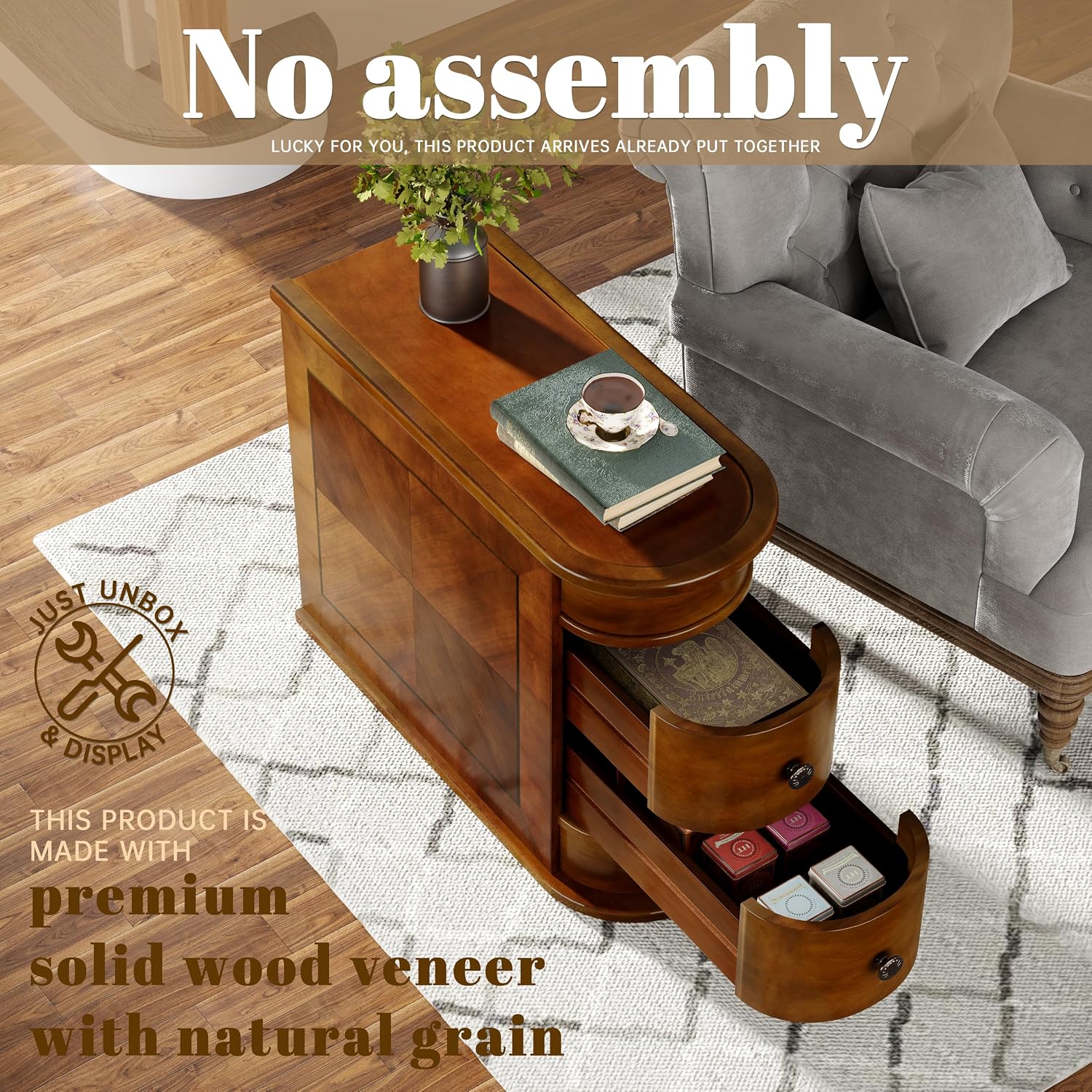 Wood End Table with 2 Drawers, No Assembly Required Narrow Sofa Side Table for Living Room, Vintage Slim Nightstand Bedside Table for Bedroom (2 Drawers, Brown, 1Pc)