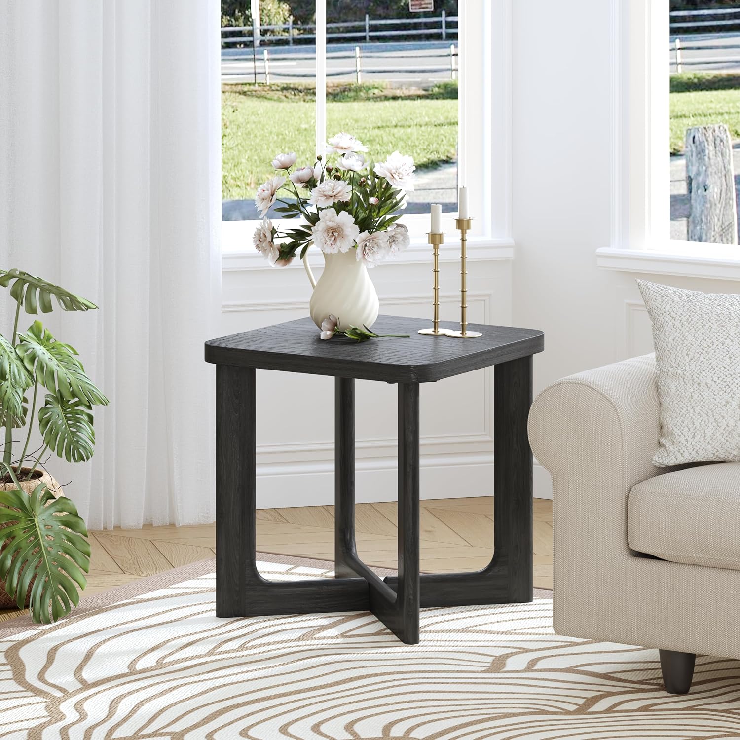 Casaphoria 24' End Side Table, Solid Wood Sofa Table with Cross Sturdy Legs, Slim Beside Table, Nightstand Telephone Table for Bedroom, Living Room, Restaurant, Small Spaces, Black