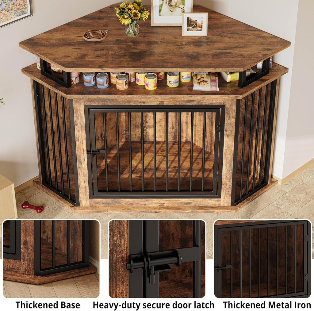 IRONCK Corner Dog Crate Furniture with 2-Tier Shelves – Wooden Pet Kennel for Large Dogs, Space-Saving TV Stand, Rustic Brown (26.7' L x 51.2' W x 33.5' H)