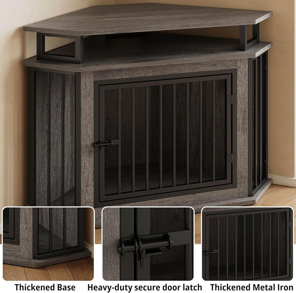 IRONCK 43.3' Corner Dog Crate with 2-Tier Shelves, Wooden Dog Kennel Furniture for TV Stand, Dog Cage Indoor for Small and Medium Dogs, Gray (23.6' L x 43.3' W x 32' H)