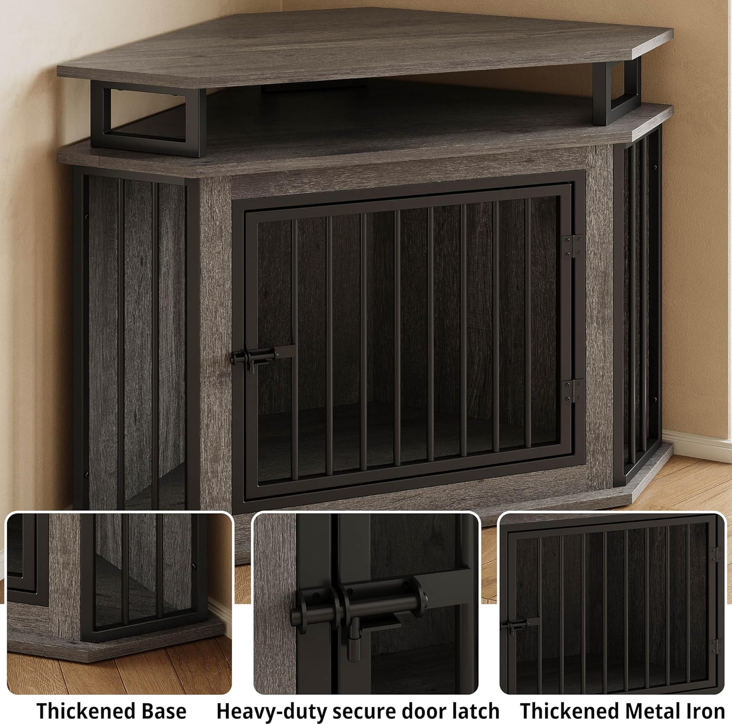 IRONCK 43.3' Corner Dog Crate with 2-Tier Shelves, Wooden Dog Kennel Furniture for TV Stand, Dog Cage Indoor for Small and Medium Dogs, Gray (23.6' L x 43.3' W x 32' H)