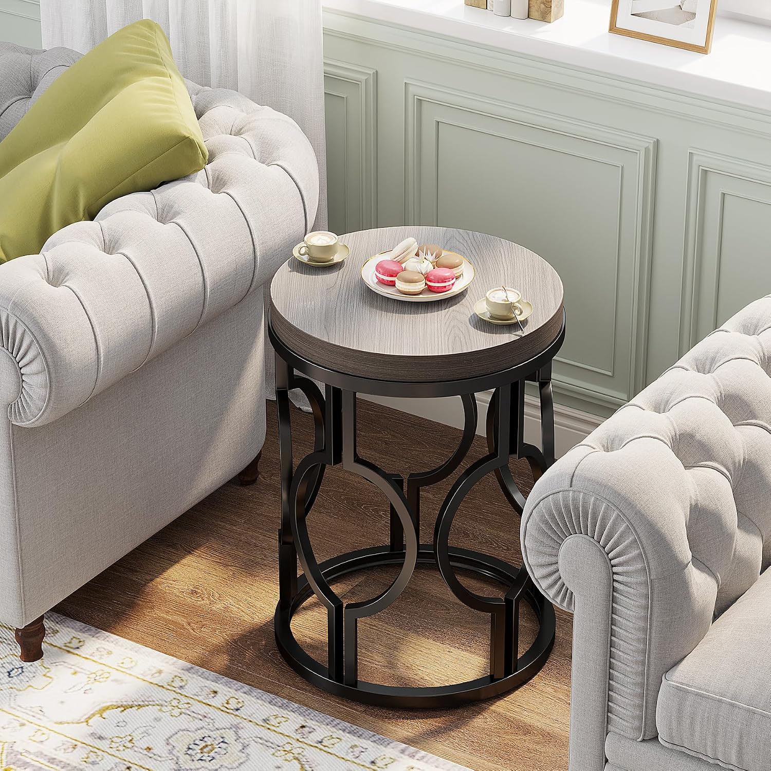 Tribesigns Round End Table, Industrial Side Table with Metal Hollow Frame, Small Bedside Table Nightstand for Living Room, Bedroom, Easy Assembly (Grey,1PC)