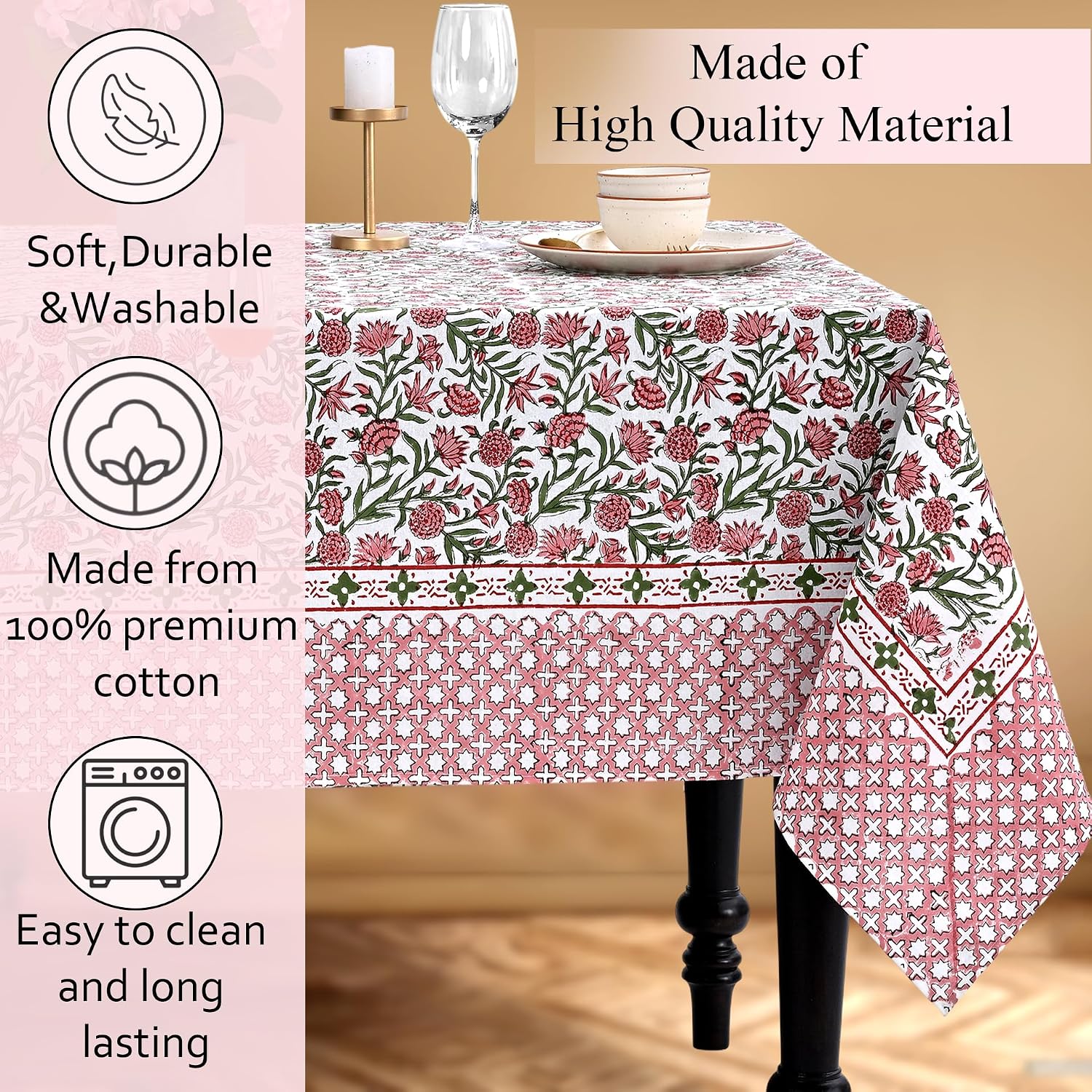 CPC Tablecloth 100% Cotton 72x140 Inch Indian Block Print Rectangle Table Cover, Red Table Cloth for Weddings, Spring/Summer, Barbeque - Red Garnet