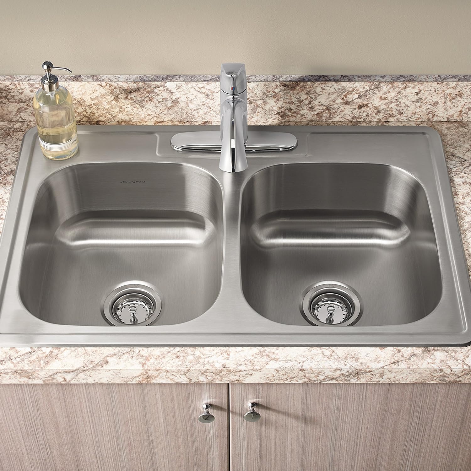 American Standard 22DB.6332283S.075 Colony Top Mount Ada 33x22 Double Bowl Stainless Steel 3-Hole Kitchen Sink