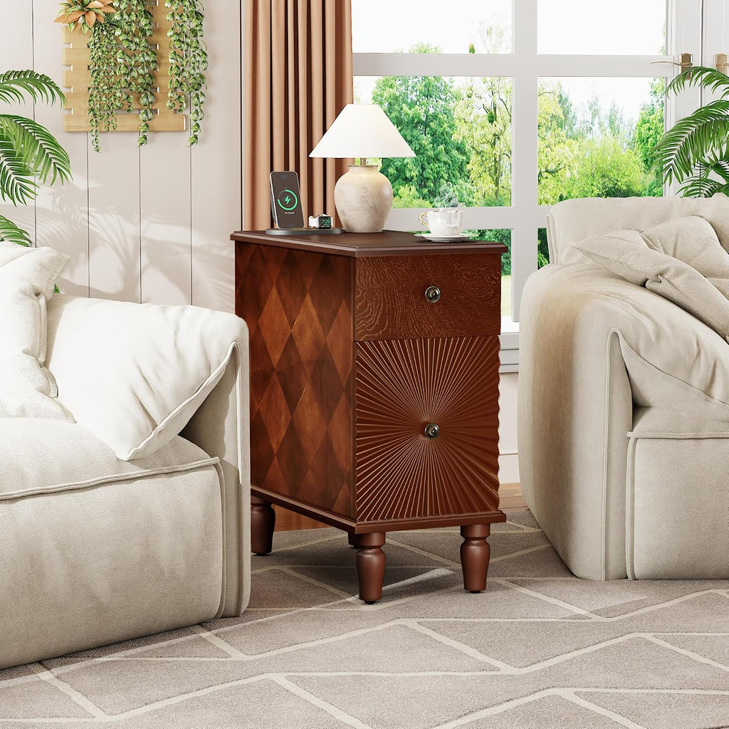 2-Drawer Modern Sofa Side Table with Charging Station, USB & AC Ports, Slim Nightstand for Living Room or Bedroom, Sturdy Rubber Wood Frame, Easy Assembly, Walnut Finish