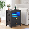 Farmhouse LED Nightstand with Gun Drawer&Invisible Lock,Modern Bedside Table with Human Sensor Design,Rustic Side Table with Wireless Charging for Living Room, Black