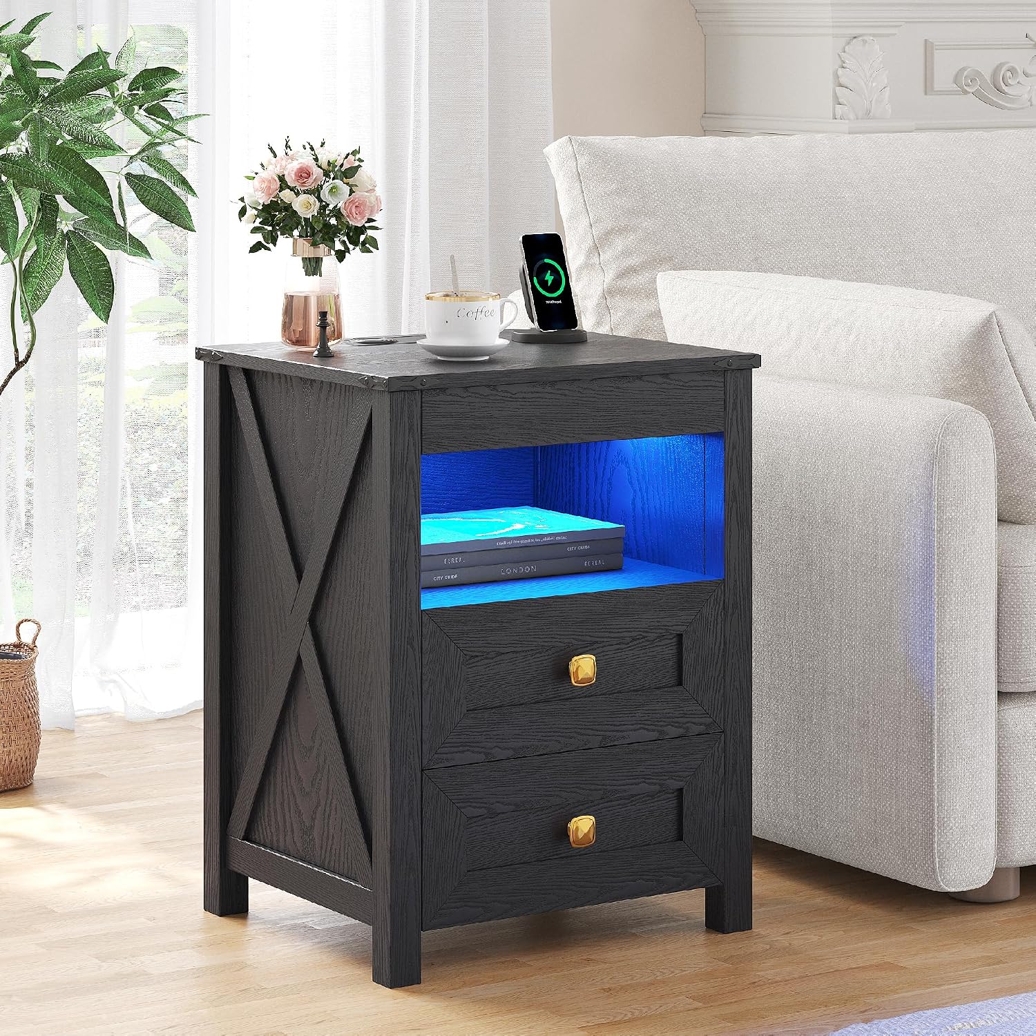 Farmhouse LED Nightstand with Gun Drawer&Invisible Lock,Modern Bedside Table with Human Sensor Design,Rustic Side Table with Wireless Charging for Living Room, Black