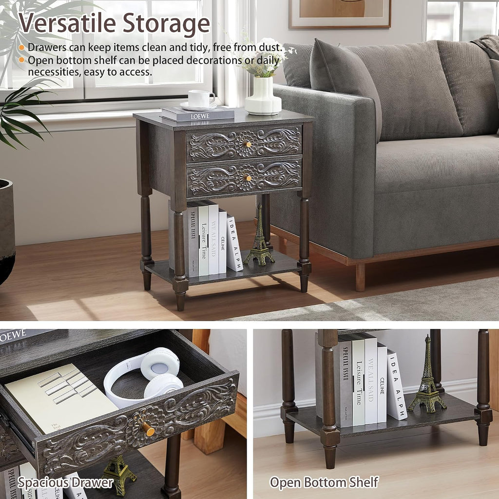 Nightstand, Farmhouse Bedside Table with 2 Drawers and Open Shelf, Wood Sofa Side Table End Table Accent Dresser for Bedroom, Living Room (with Shelf, Black Brown)