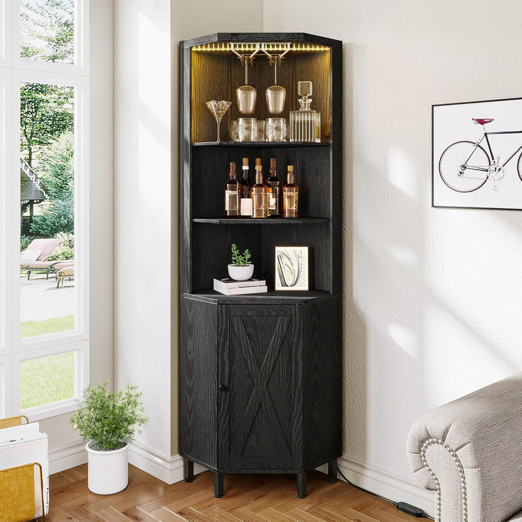YITAHOME Corner Bar Cabinet with LED Lights & Glass Holder, 5 Tier Corner Shelf with Storage, Wine Rack Cabinet Display Shelves for Living Room, Dining Room, Kitchen, Black