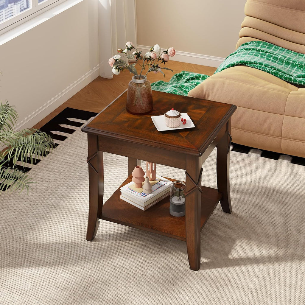 Solid Wood Side Table with Storage Shelf, Cherry Wood End Tables Living Room, Traditional Style End Table, Vintage Beside Table with Curved Legs for Apartment, Cherry Walnut Accent Table CJZ-DR200