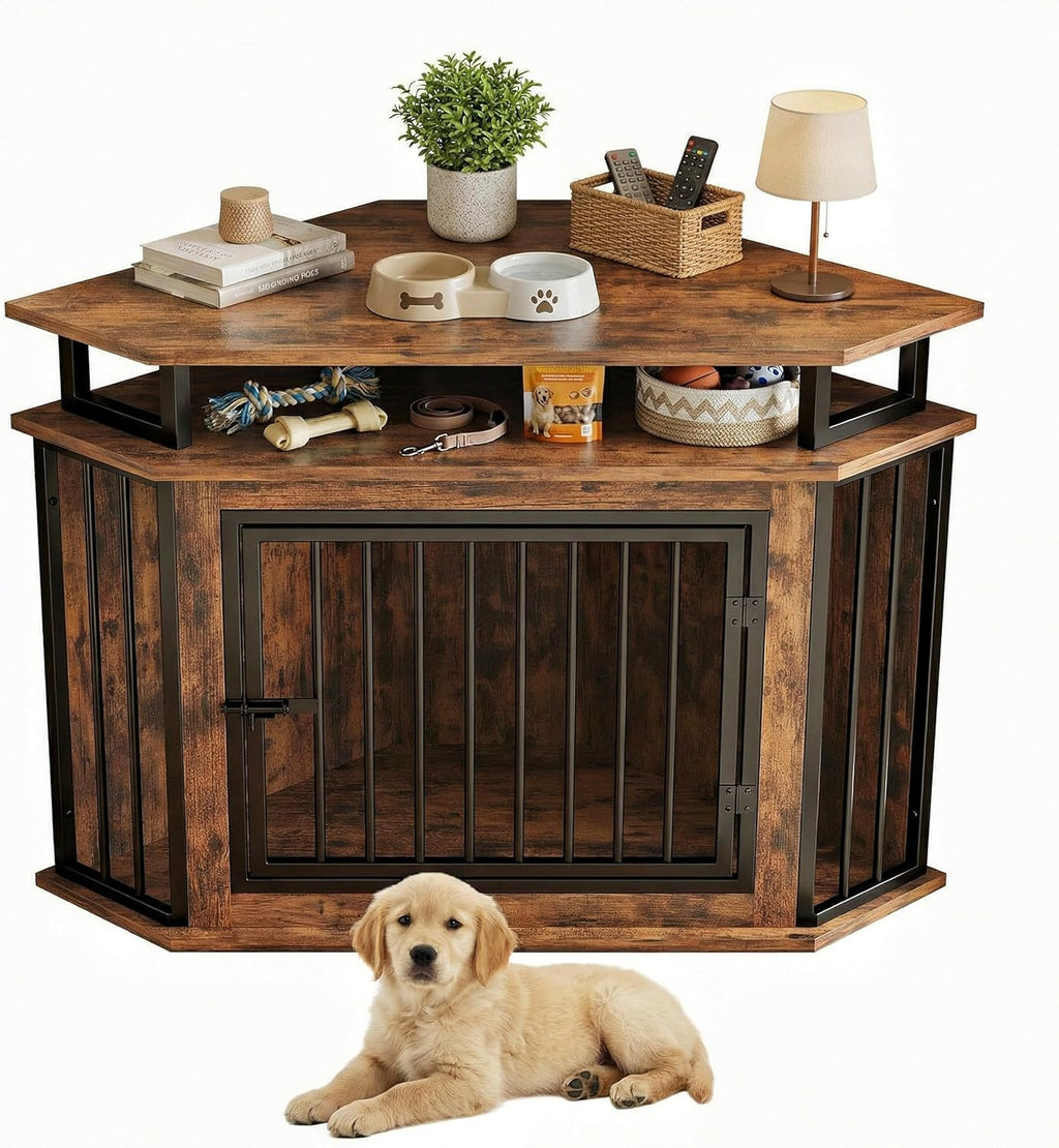 IRONCK 43.3' Corner Dog Crate Furniture with 2-Tier Shelves, Wooden Dog Kennel Indoor, Space-Saving Furniture Style Dog Cage for Small and Medium Dogs, Rustic Brown (23.6' L x 43.3' W x 32' H)