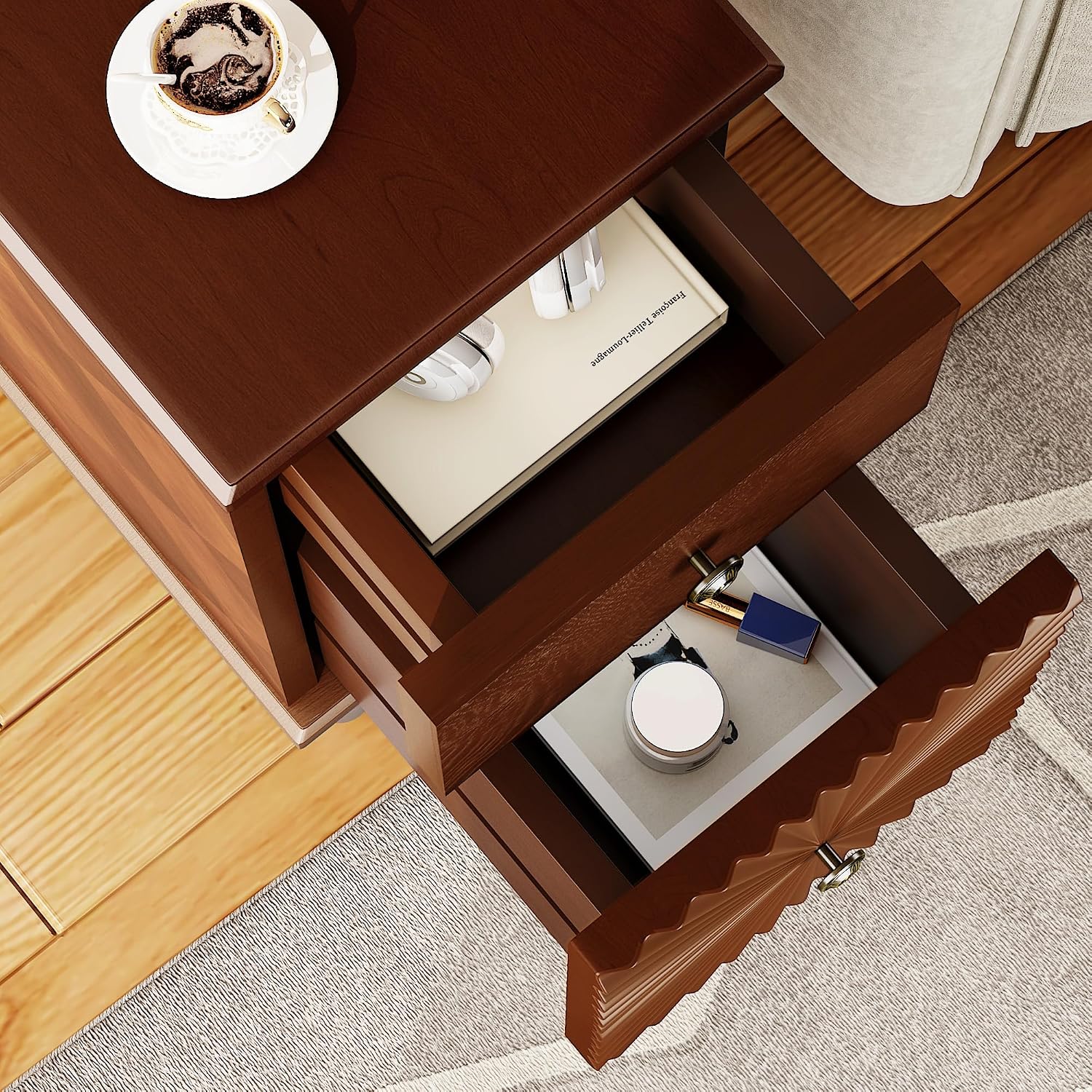 2-Drawer Modern Sofa Side Table with Charging Station, USB & AC Ports, Slim Nightstand for Living Room or Bedroom, Sturdy Rubber Wood Frame, Easy Assembly, Walnut Finish